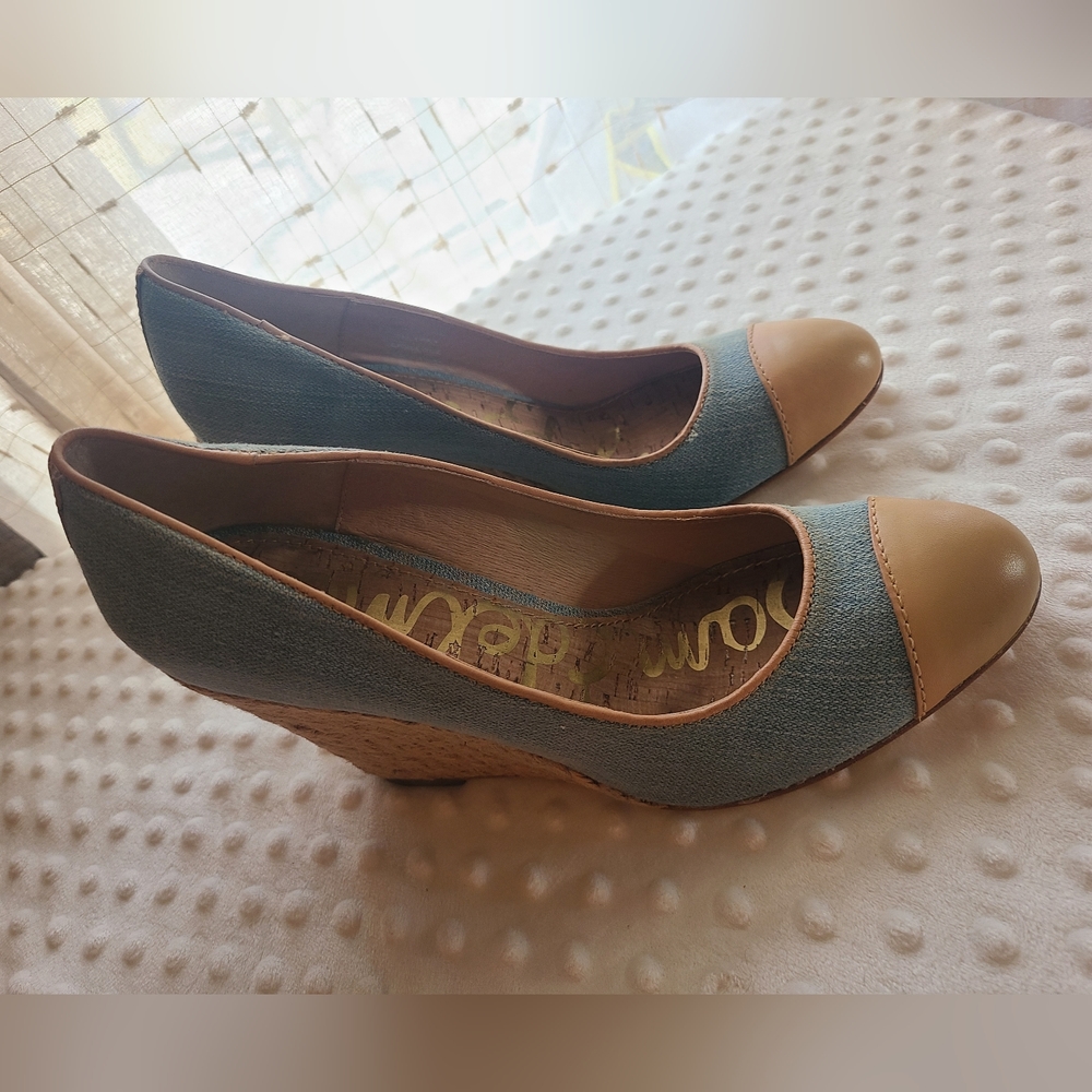 Sam Edelman light blue denim and tan wedge heels size 8.5